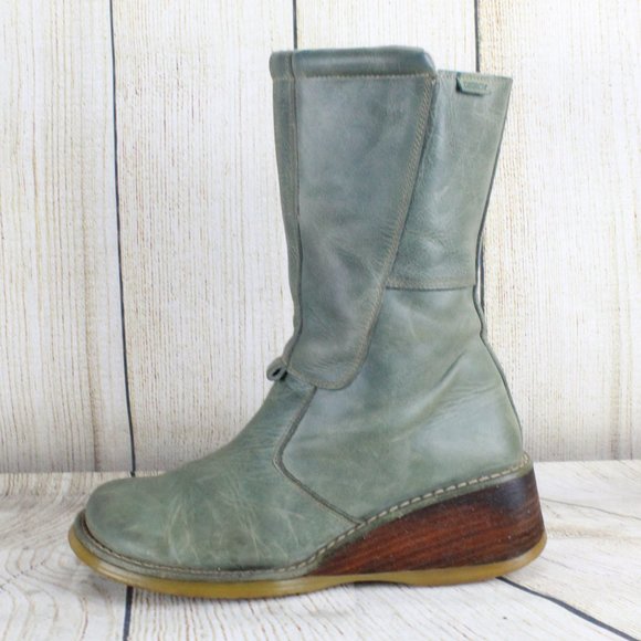 Destroy Shoes - Destroy Mid Calf Green Side Zip Wedge Boots Size 7